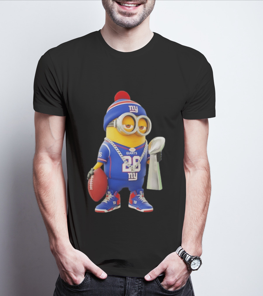 Minion In New York Giants Jersey With Football Trophy And Beanie T-Shirt
