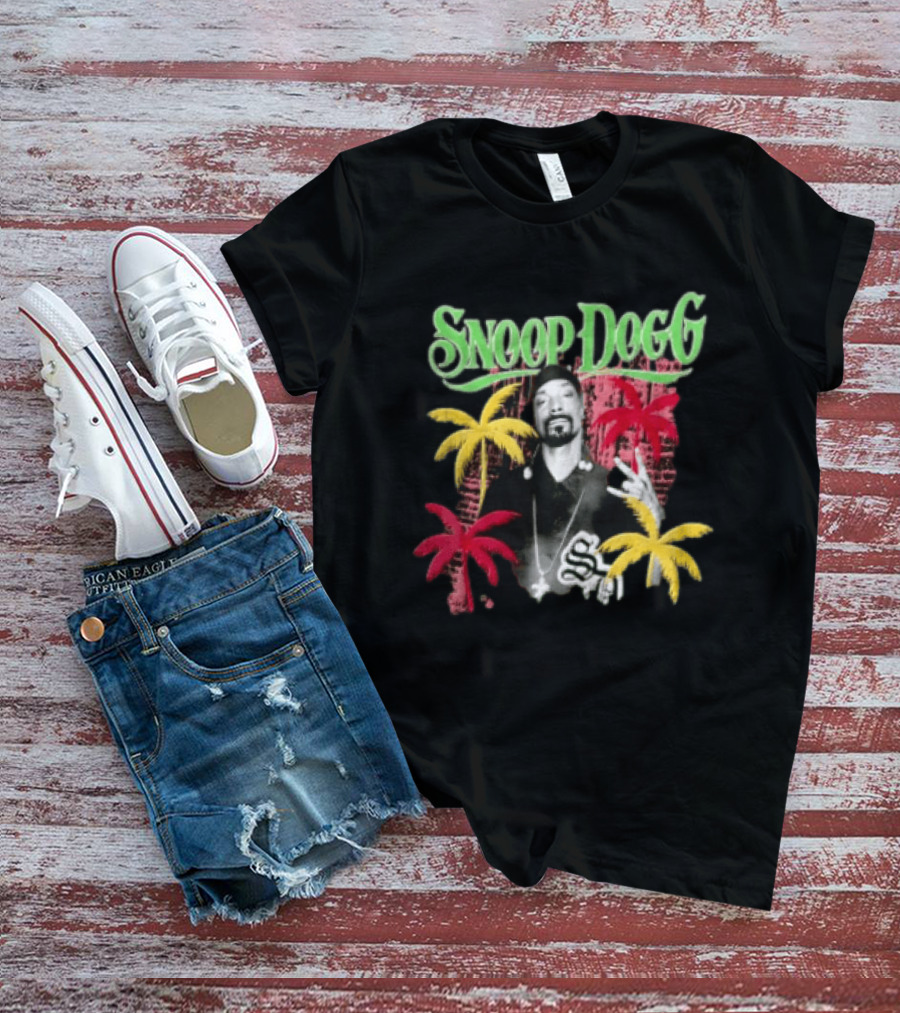 Snoop Dogg Palm Trees Gesture Black And White Portrait With Red And Yellow Palm Trees T-Shirt
