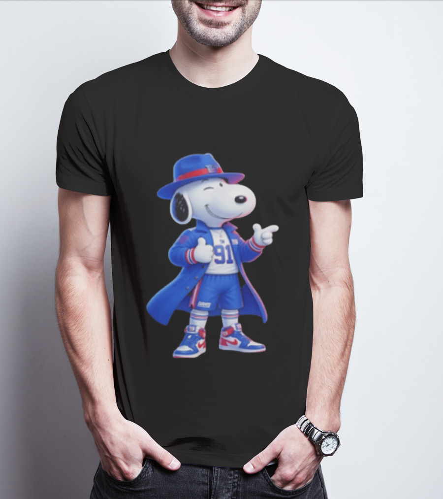 Snoopy New York Giants Football Player Cartoon Blue Coat And Hat T-Shirt