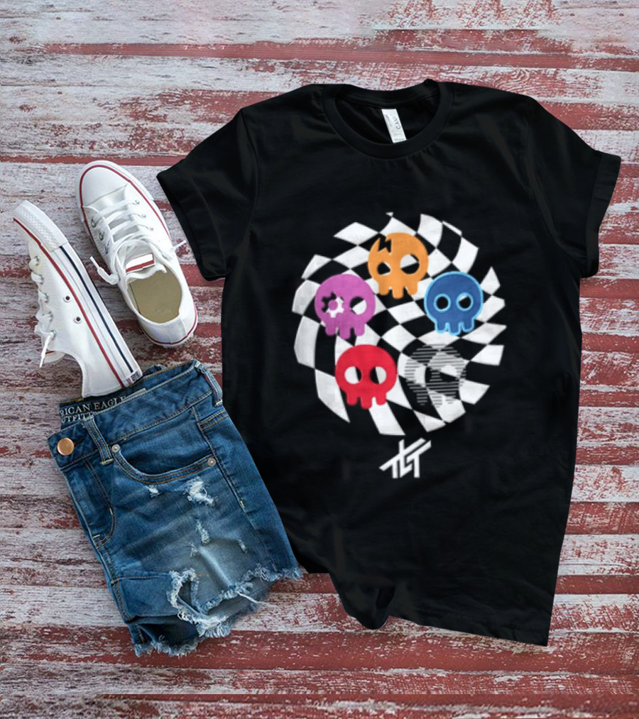 The Living Tombstone Five Colorful Skulls Checkered T-Shirt