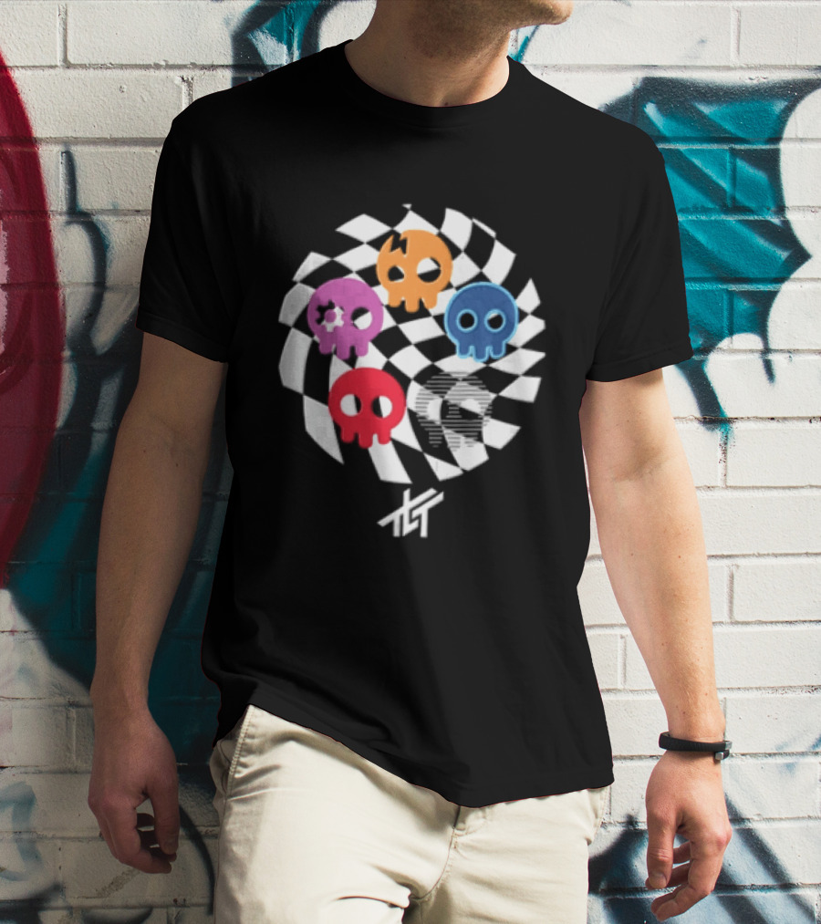 The Living Tombstone Five Colorful Skulls Checkered T-Shirt