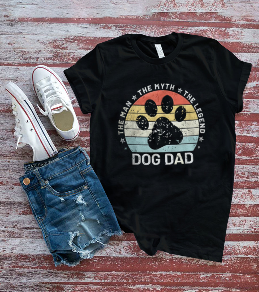 The Man The Myth The Legend Dog Dad Distressed Paw Rainbow Sunset T-Shirt