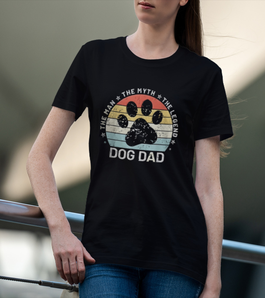 The Man The Myth The Legend Dog Dad Distressed Paw Rainbow Sunset T-Shirt