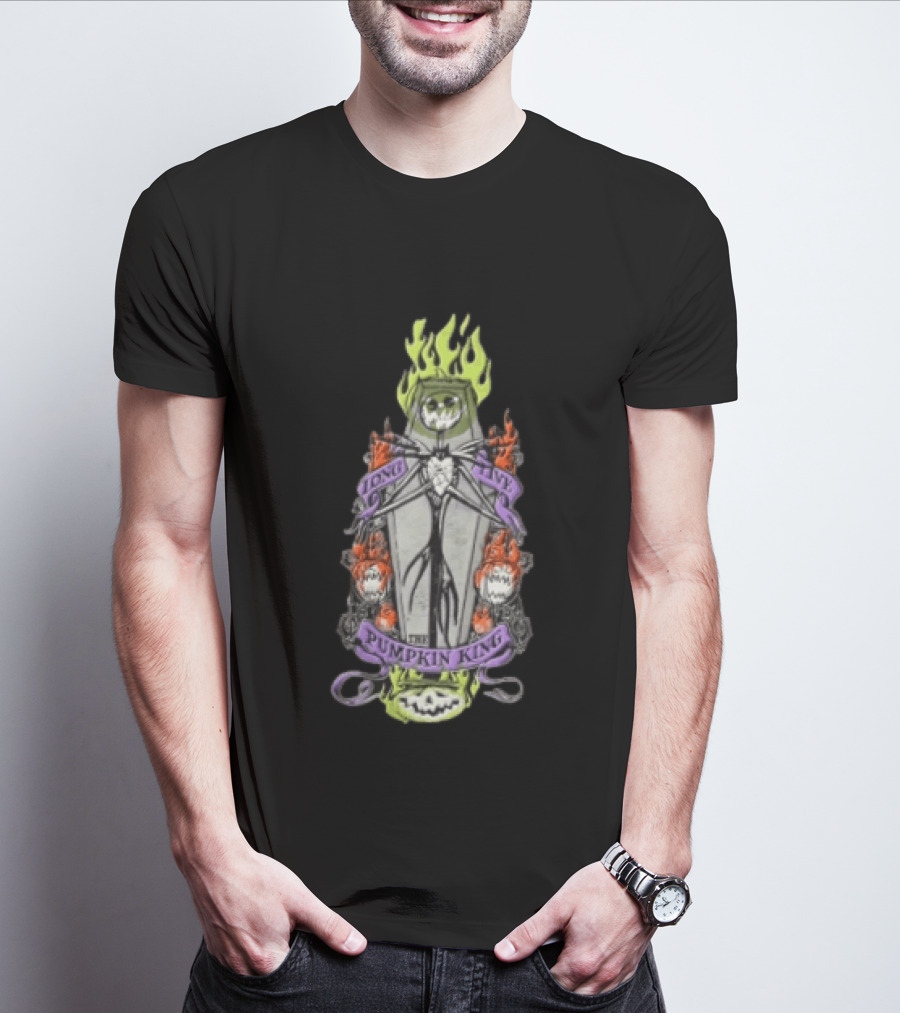 The Nightmare Before Christmas Long Live The Pumpkin King Skeleton Coffin Flames Pumpkins T-Shirt