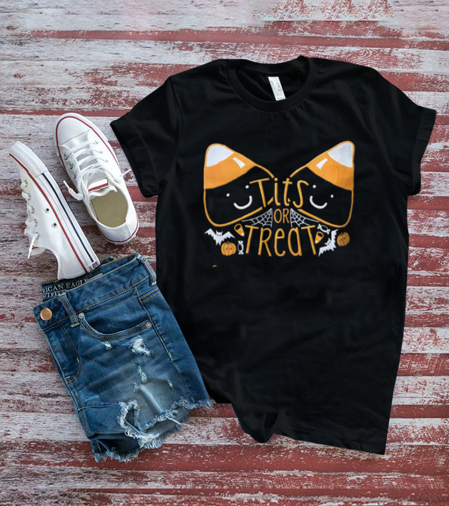 Halloween Candy Corn Faces Tits Or Treat With Spiders Webs Bats Pumpkins T-Shirt