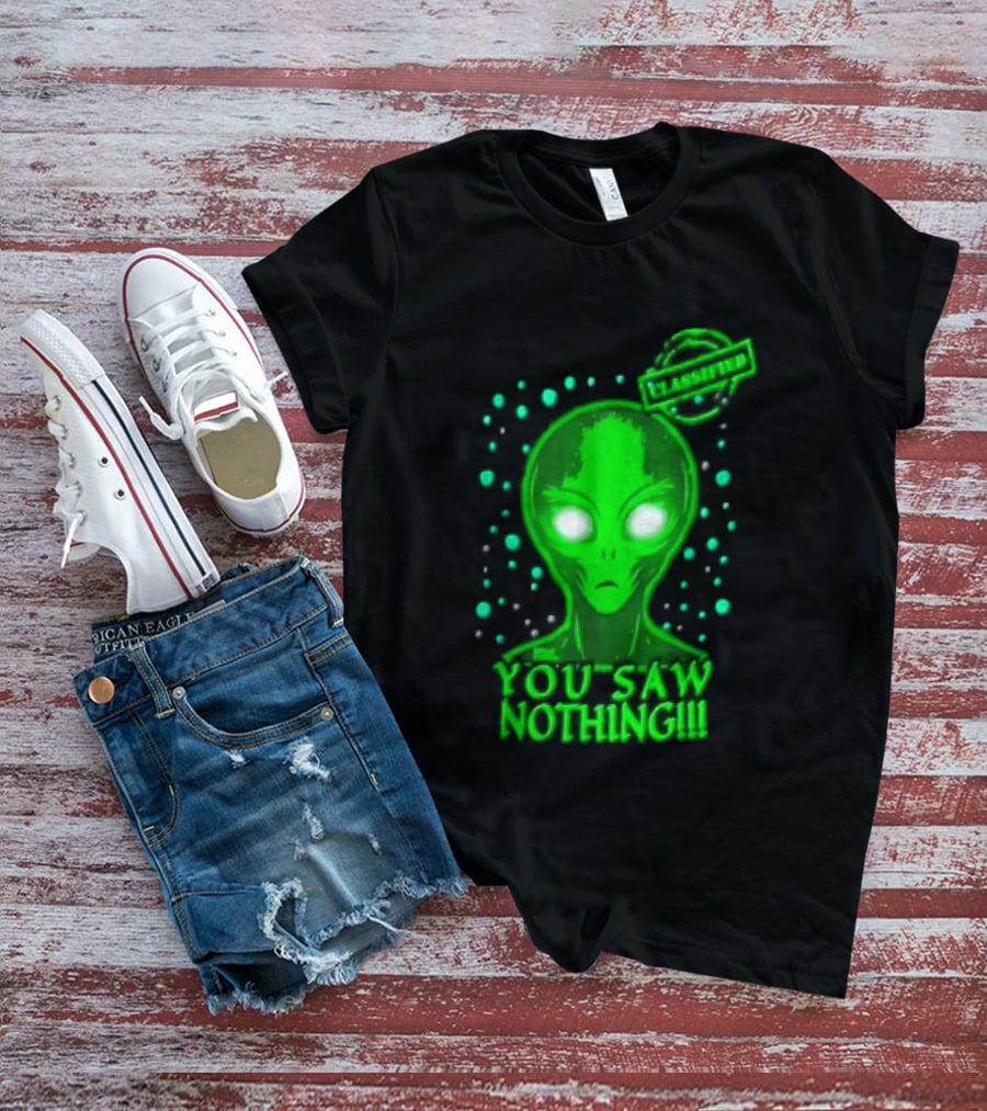Green Alien You Saw Nothing Glowing Eyes UFO Dots T-Shirt