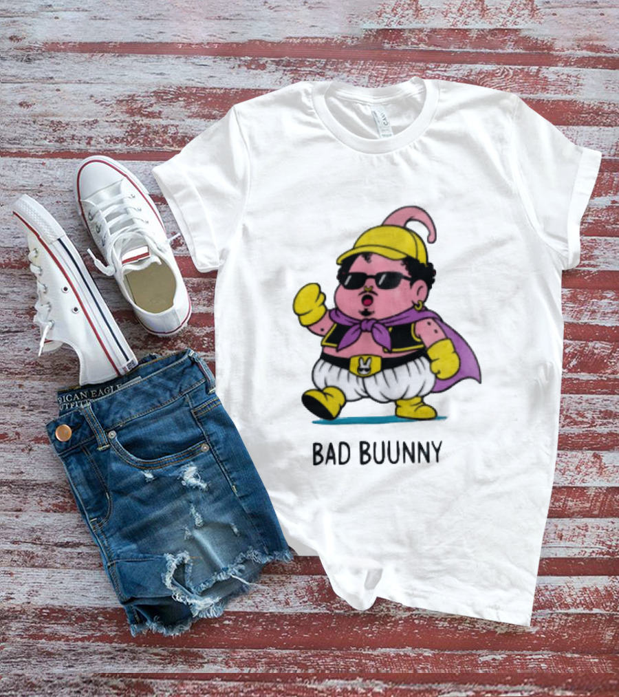 Bad Buunny Pink Majin Buu Sunglasses Yellow Hat Cape Cartoon T-Shirt
