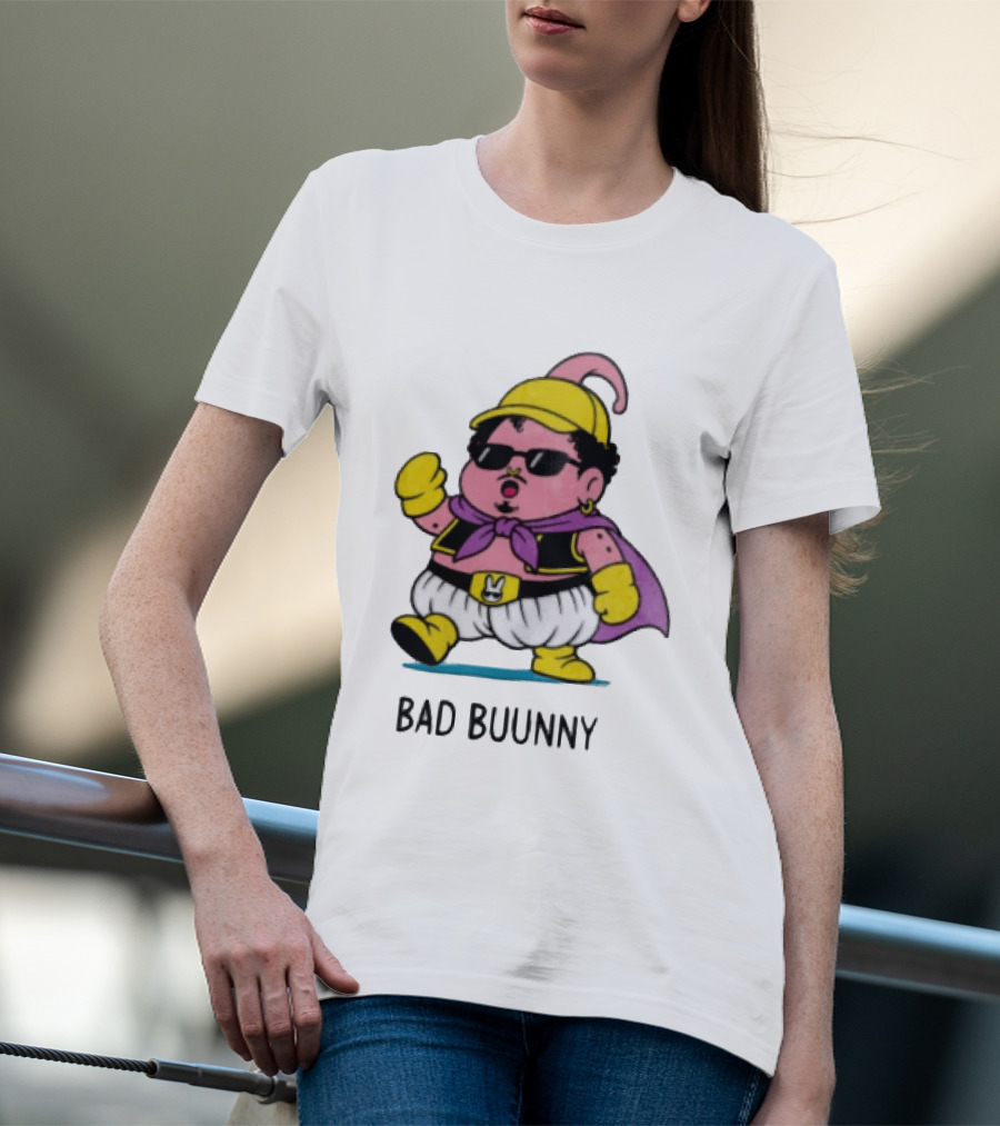 Bad Buunny Pink Majin Buu Sunglasses Yellow Hat Cape Cartoon T-Shirt