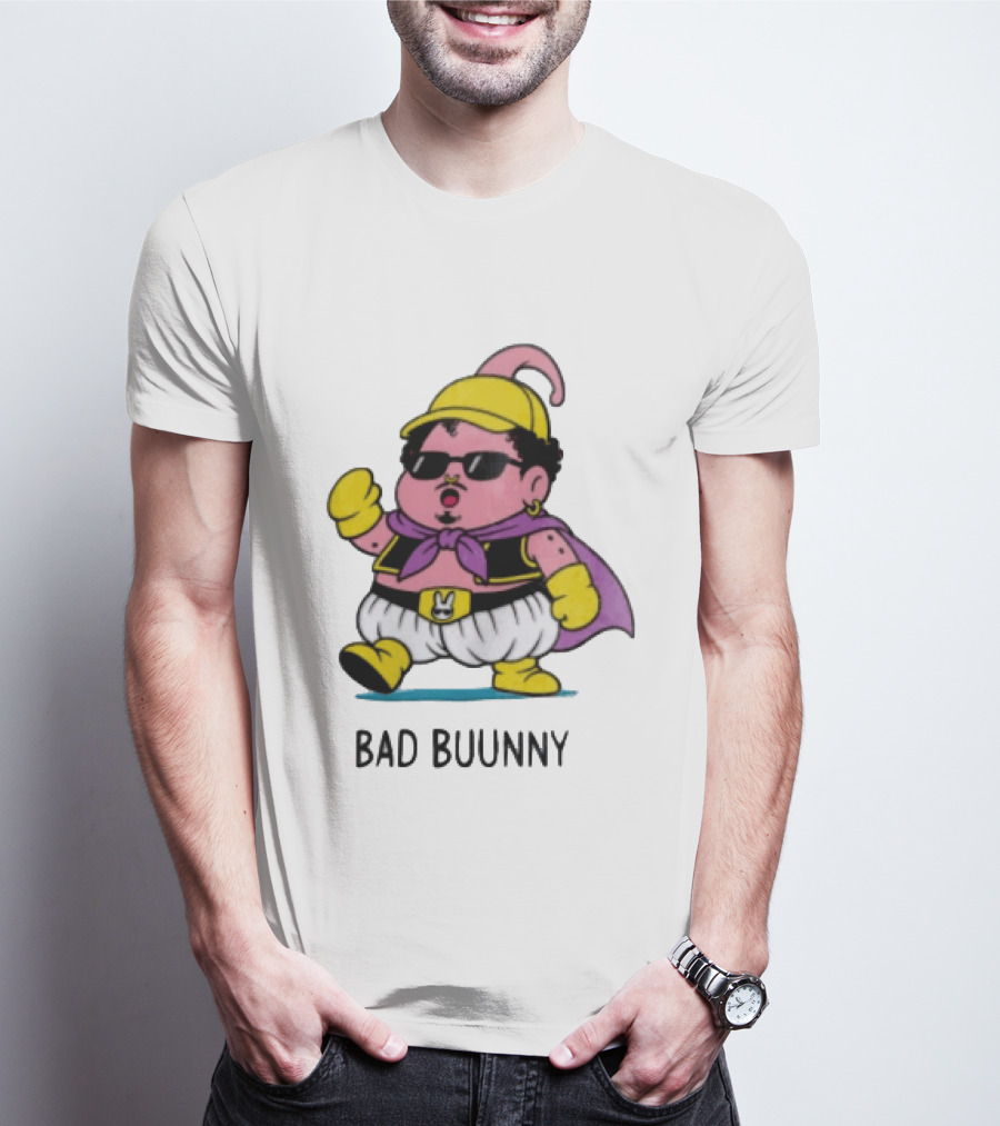 Bad Buunny Pink Majin Buu Sunglasses Yellow Hat Cape Cartoon T-Shirt