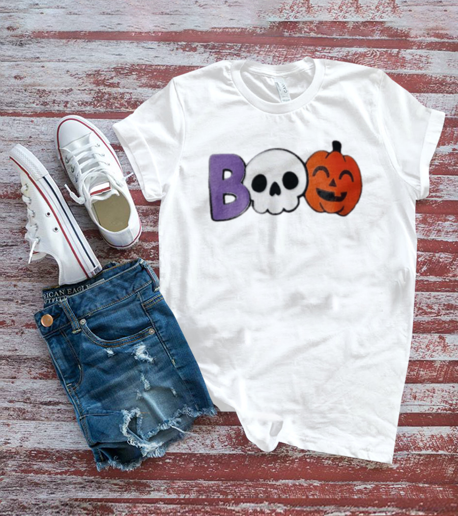 BOO Skull Pumpkin Purple Letter Halloween Fun T-Shirt