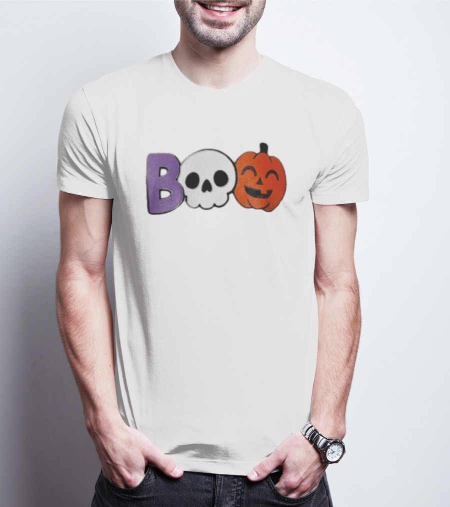 BOO Skull Pumpkin Purple Letter Halloween Fun T-Shirt