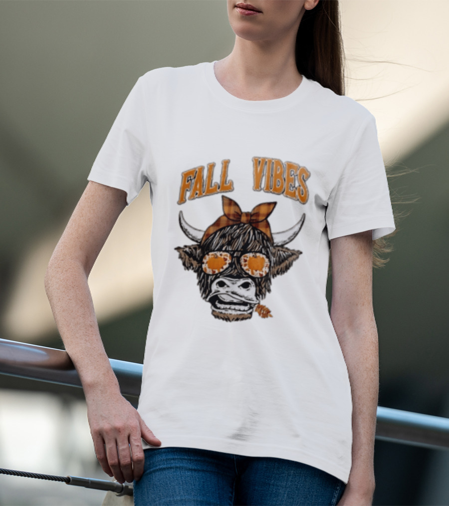 Fall Vibes Highland Cow Plaid Bow Sunglasses Pumpkins T-Shirt