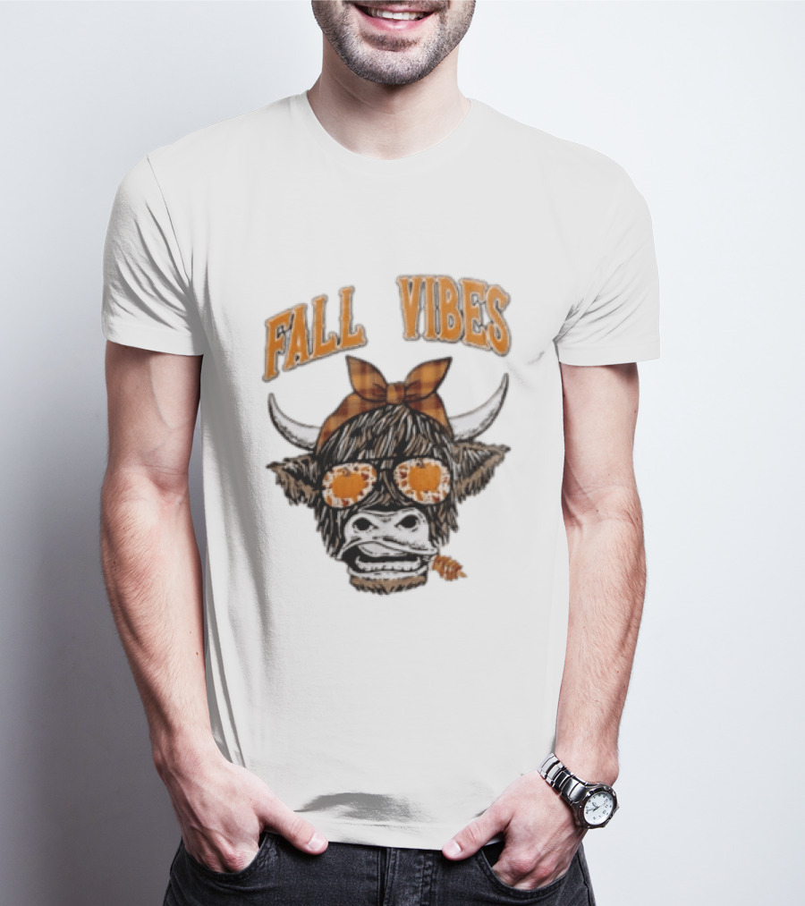 Fall Vibes Highland Cow Plaid Bow Sunglasses Pumpkins T-Shirt