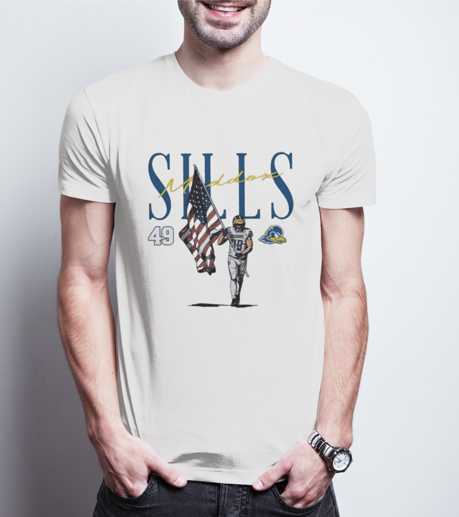 Delaware Blue Hens No 49 Maddox Sills US Flag Caricature T-Shirt