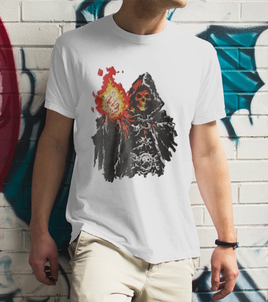 Skeleton Holding Fire Skeletor Hooded Cloak And Fiery Fist T-Shirt