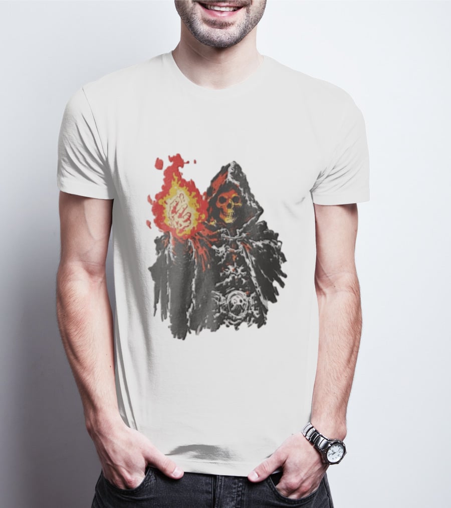 Skeleton Holding Fire Skeletor Hooded Cloak And Fiery Fist T-Shirt