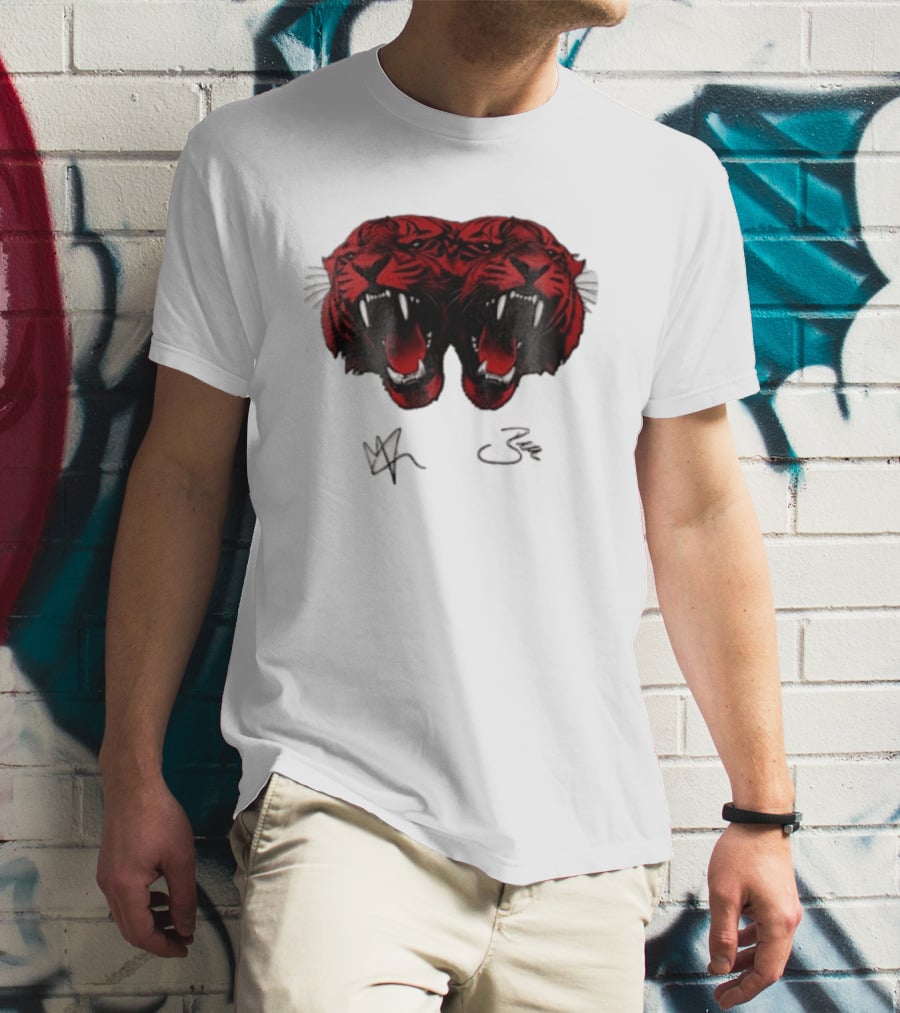 Tigers Heads Roaring Red Dual Fierce Animal T-Shirt