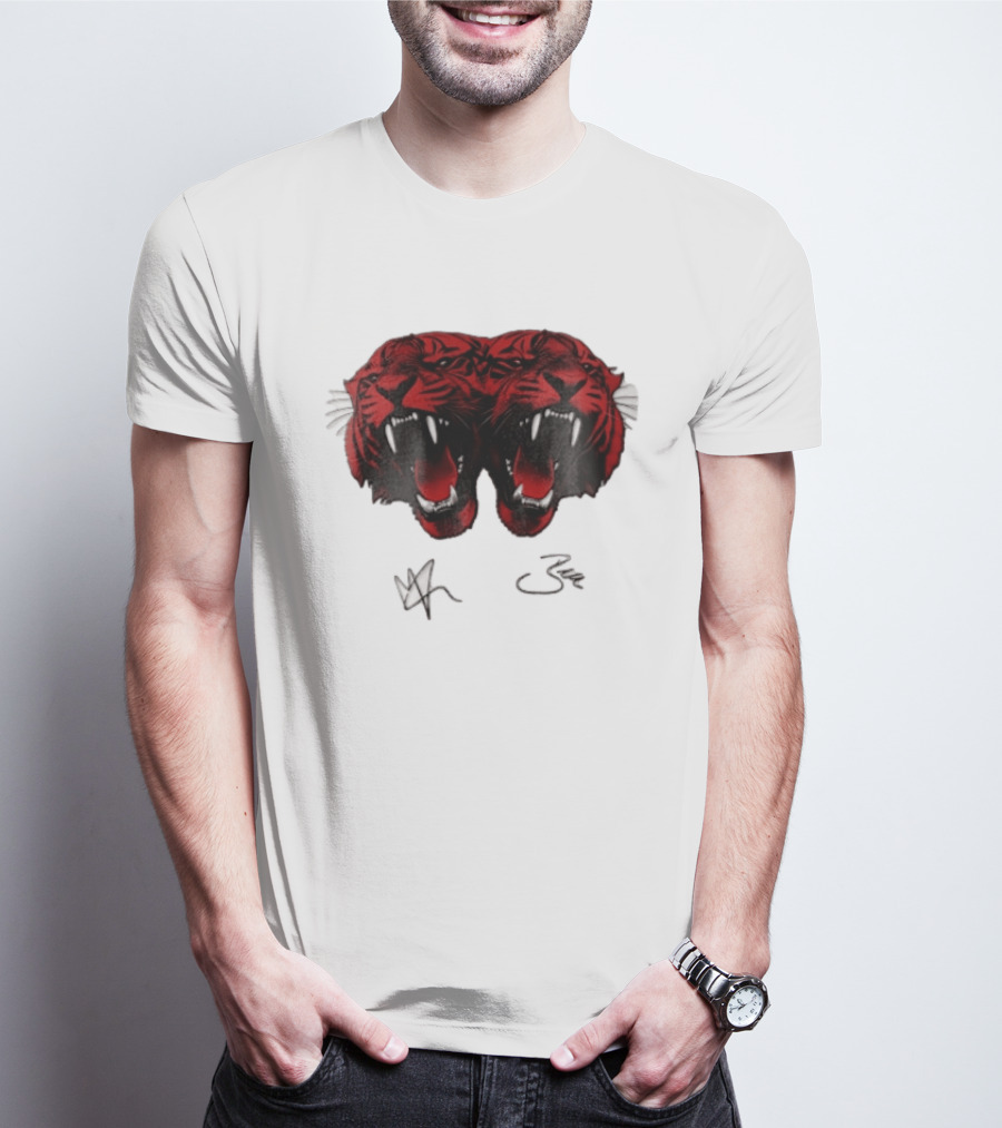 Tigers Heads Roaring Red Dual Fierce Animal T-Shirt