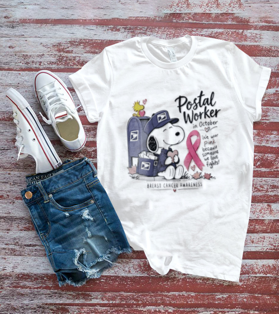 Postal Worker Snoopy And Woodstock With Pink Ribbon Supporting Fighters T-Shirt