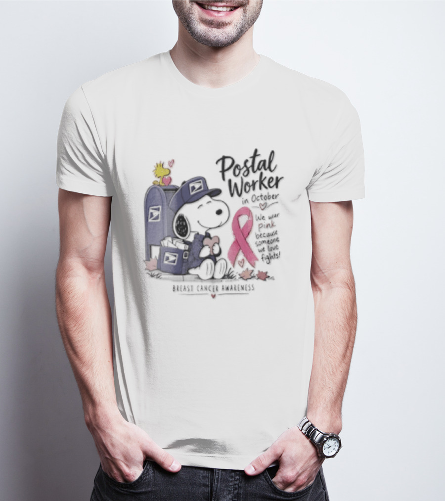 Postal Worker Snoopy And Woodstock With Pink Ribbon Supporting Fighters T-Shirt