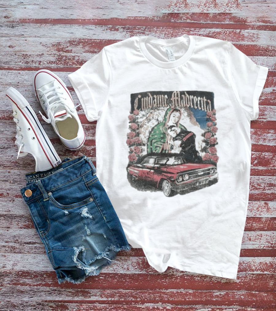 Cuidame Madrecita Red Classic Car With Roses And Religious T-Shirt