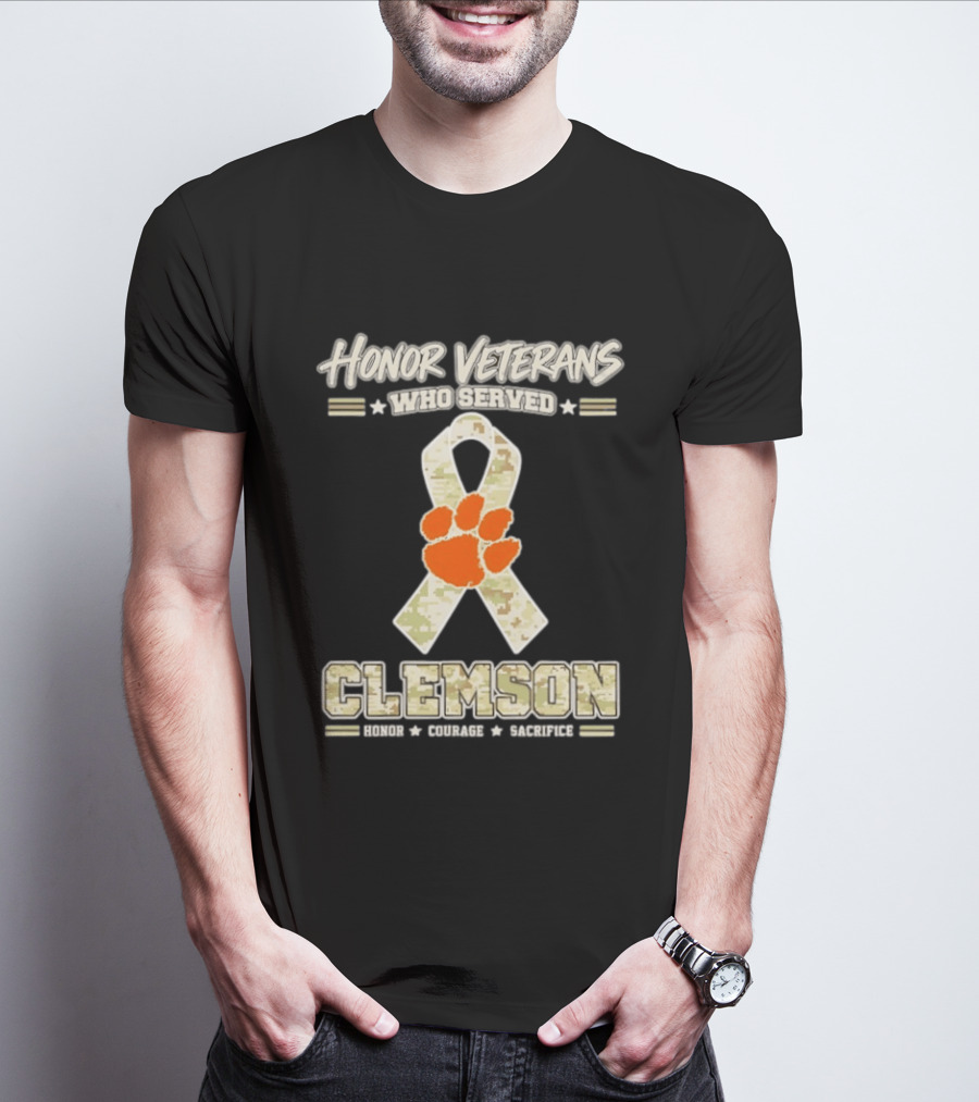 Honor Veterans Who Served Clemson Tigers Honor Courage Sacrifice Camouflage Ribbon T-Shirt