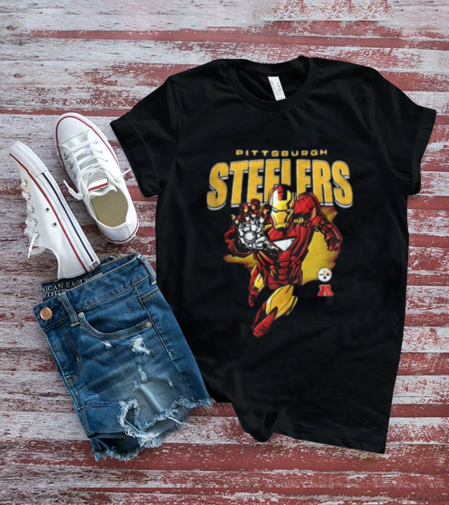 Pittsburgh Steelers Iron Man Flying Forward Graphic Suit Officially Licensed NFL Marvel Collaboration T-Shirt