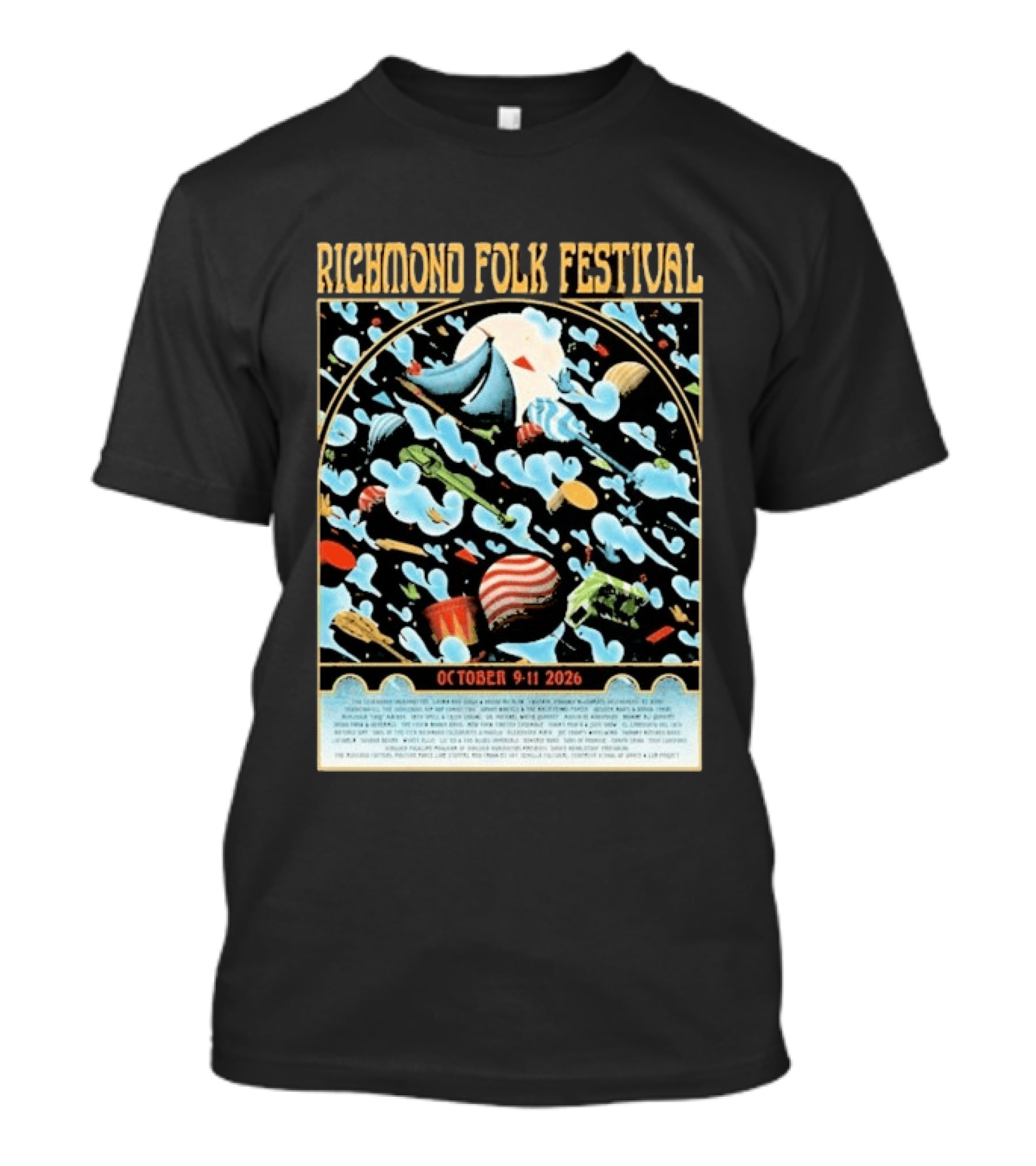 Richmond Folk Festival October 9 11 2026 By Christian Taylor Line Up Colorful Instruments And Clouds T-Shirt