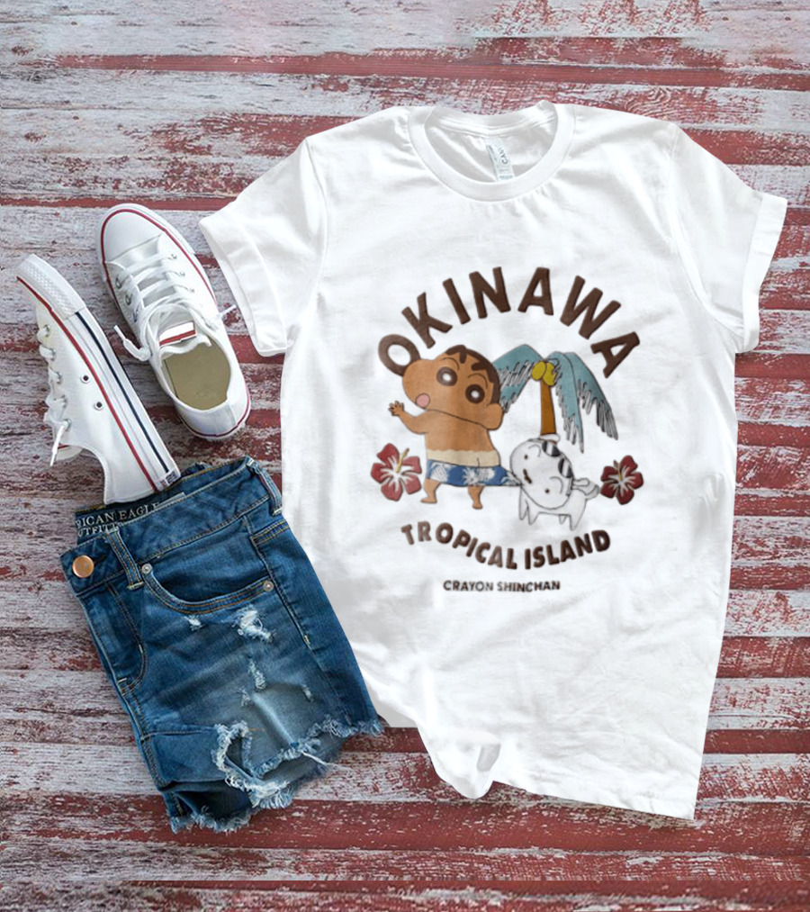 Okinawa Tropical Island Crayon Shin Chan Shinnosuke Nohara Shiro Palm Tree Hibiscus T-Shirt