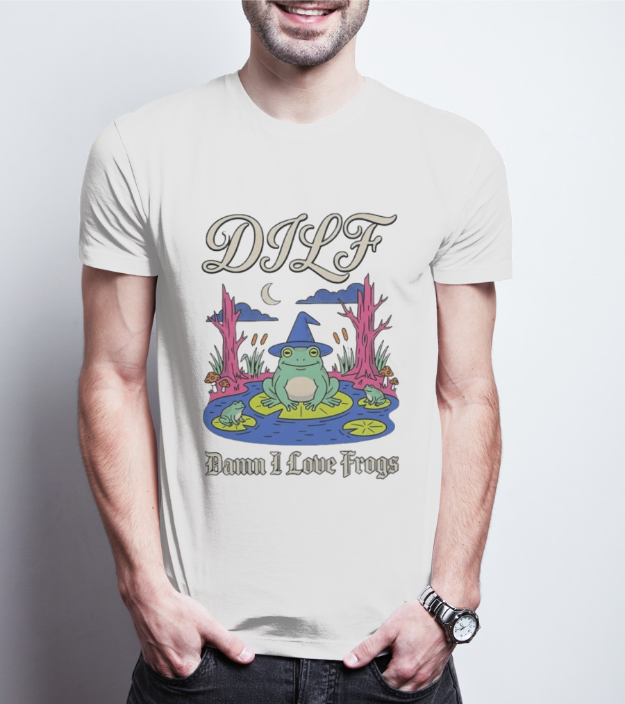 DILF Damn I Love Frogs Cartoon Frog In Pond With Wizard Hat T-Shirt
