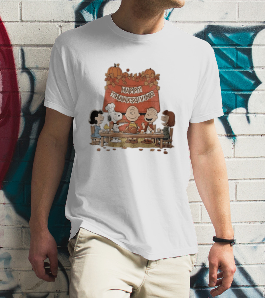 Peanuts Charlie Brown Snoopy Woodstock Lucy Linus Happy Thanksgiving Holiday Celebration T-Shirt