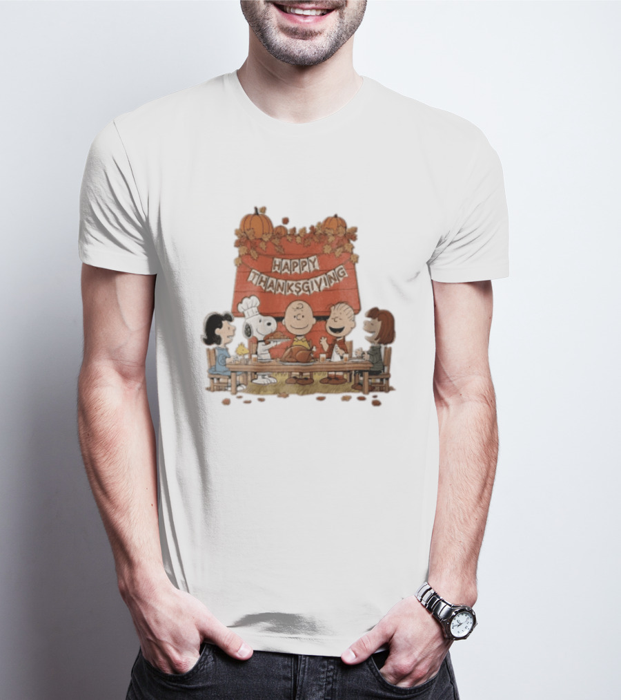 Peanuts Charlie Brown Snoopy Woodstock Lucy Linus Happy Thanksgiving Holiday Celebration T-Shirt