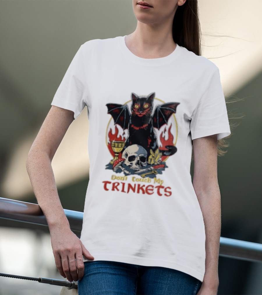 Steven Rhodes Cat Skull Chalice Flames Don't Touch My Trinkets T-Shirt