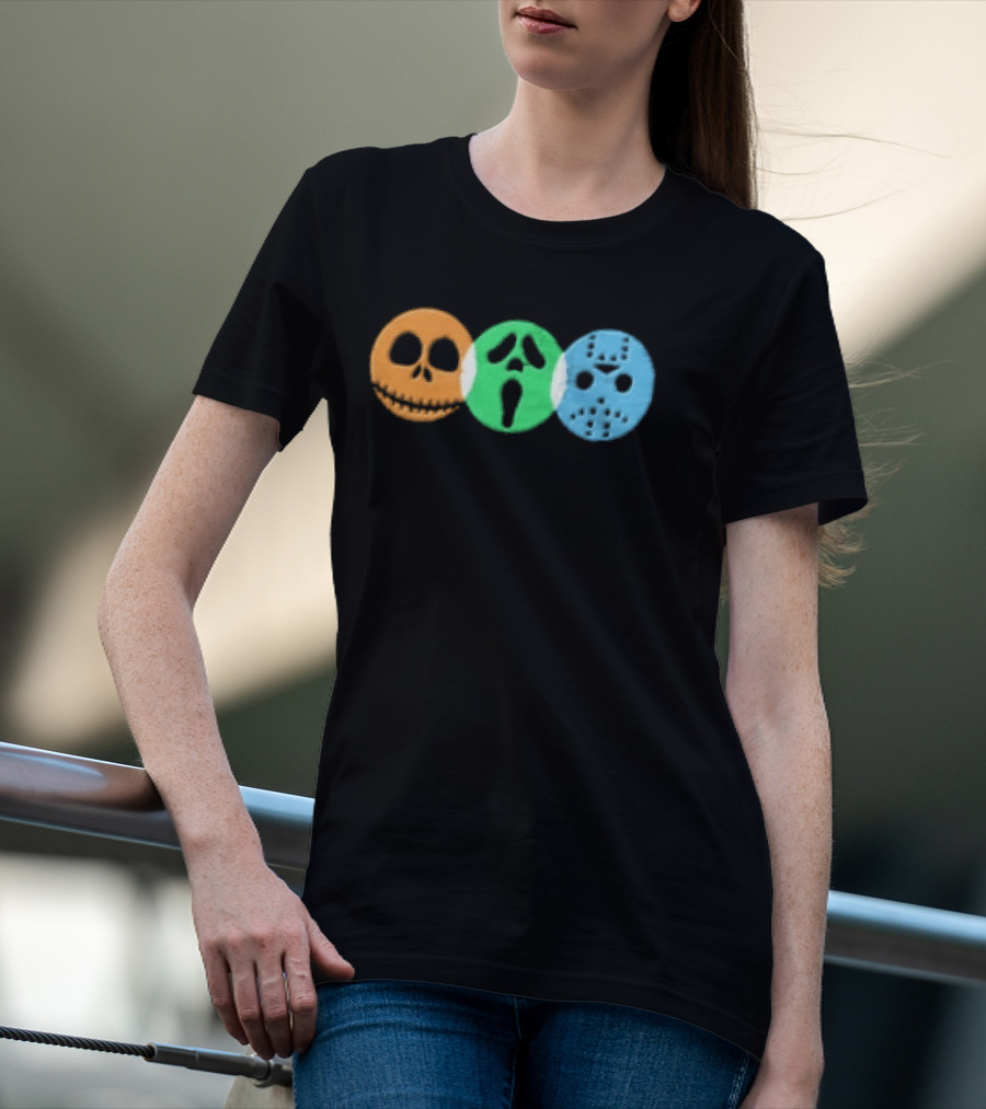 Halloween Horror Characters Colorful Circles Skulls And Masks T-Shirt