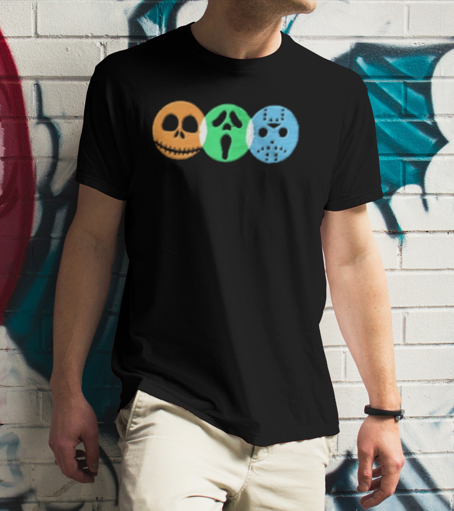 Halloween Horror Characters Colorful Circles Skulls And Masks T-Shirt