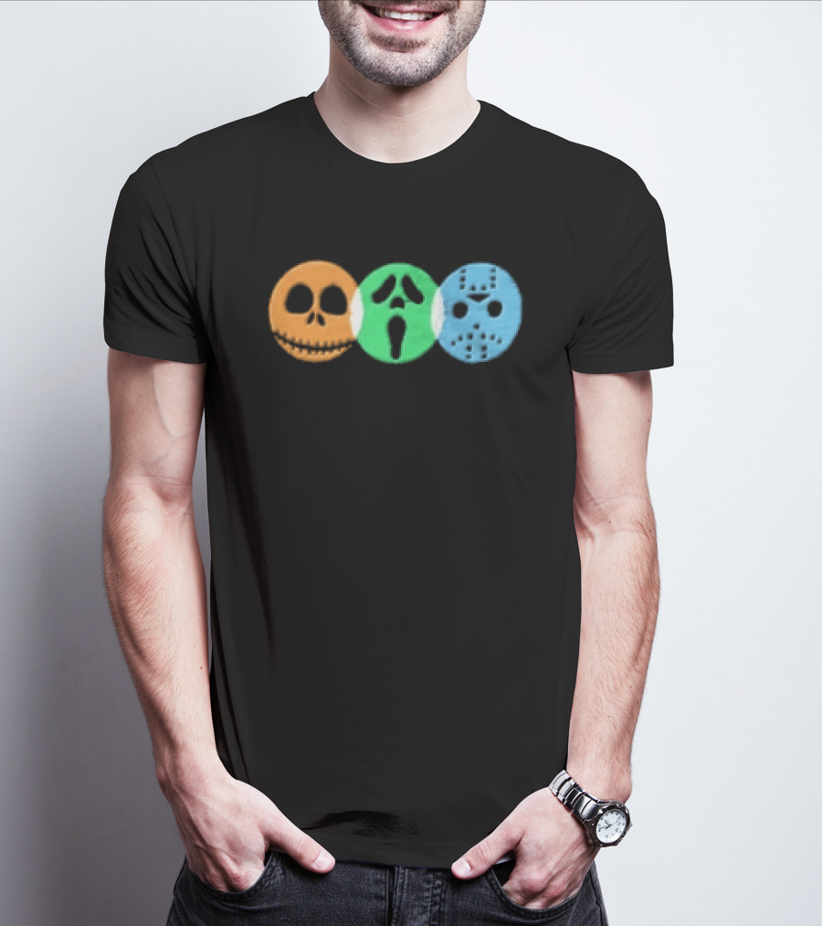 Halloween Horror Characters Colorful Circles Skulls And Masks T-Shirt