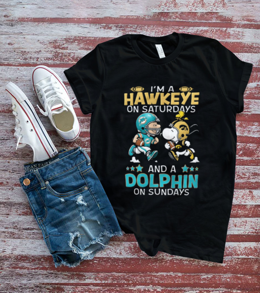 Hawkeye On Saturdays Dolphin On Sundays Charlie Brown Snoopy Woodstock Football T-Shirt