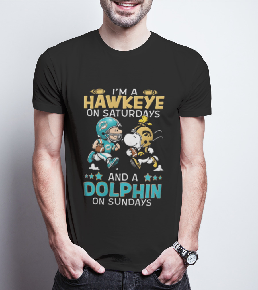 Hawkeye On Saturdays Dolphin On Sundays Charlie Brown Snoopy Woodstock Football T-Shirt