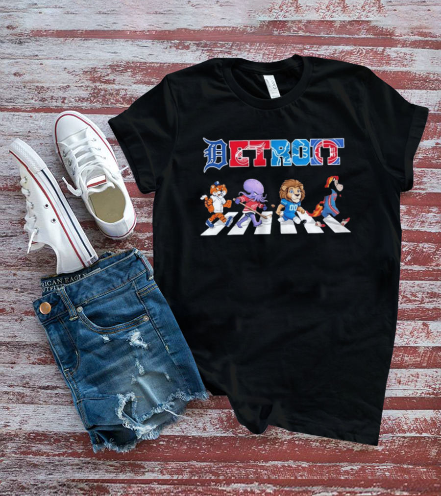 Detroit Sports Mascots Abbey Road Tigers Red Wings Lions Pistons T-Shirt