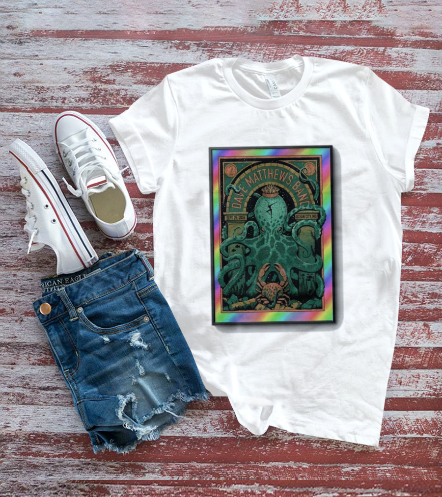 Dave Matthews Band Sept 25 2026 Ocean City MD Octopus And Crab Rainbow Border T-Shirt