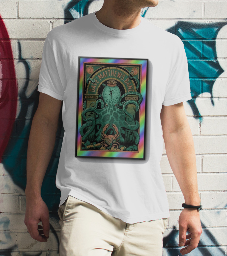 Dave Matthews Band Sept 25 2026 Ocean City MD Octopus And Crab Rainbow Border T-Shirt