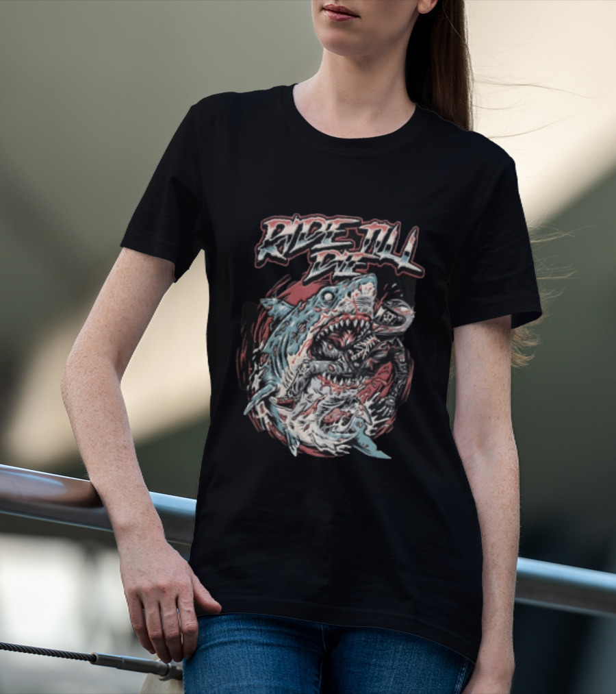 Ride Till Die Skeleton Biker Eaten By Shark T-Shirt