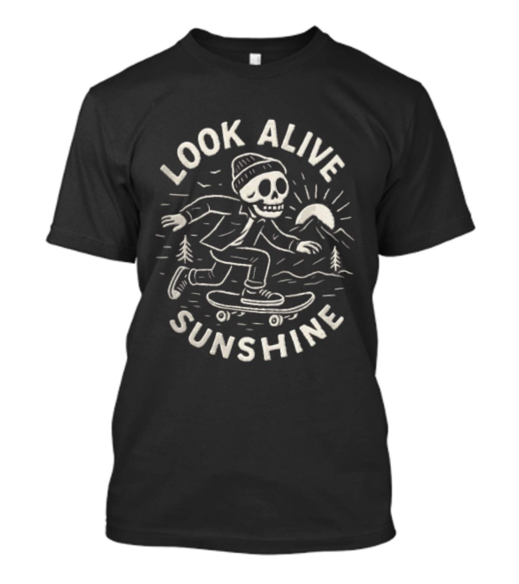 Look Alive Sunshine Skeleton Skateboarding With Beanie And Sunrise Scene T-Shirt