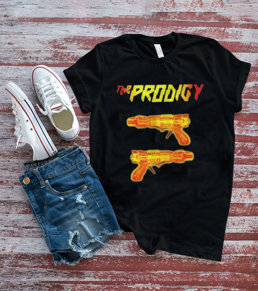 The Prodigy Rayguns Yellow And Red Bold Lettering With Dual Ray Guns T-Shirt