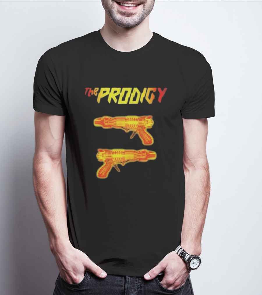 The Prodigy Rayguns Yellow And Red Bold Lettering With Dual Ray Guns T-Shirt