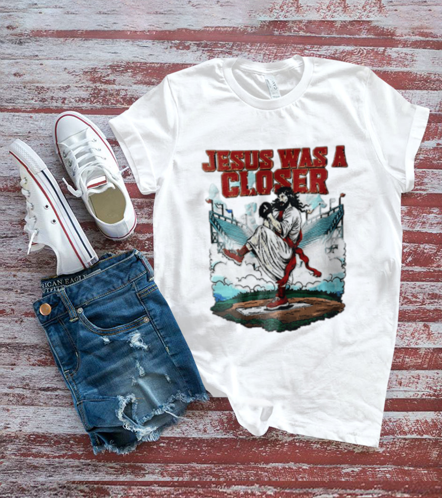 Jesus Was A Closer Baseball Pitcher Heavenly Stadium Scene T-Shirt