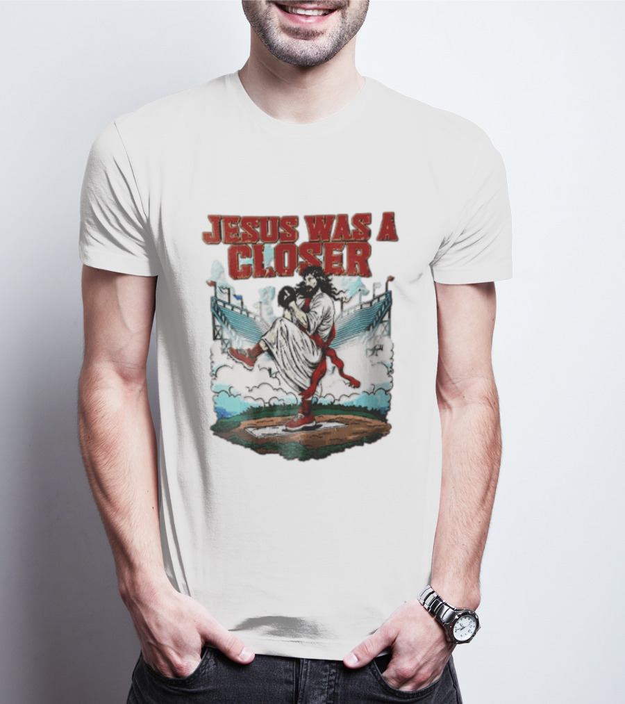 Jesus Was A Closer Baseball Pitcher Heavenly Stadium Scene T-Shirt