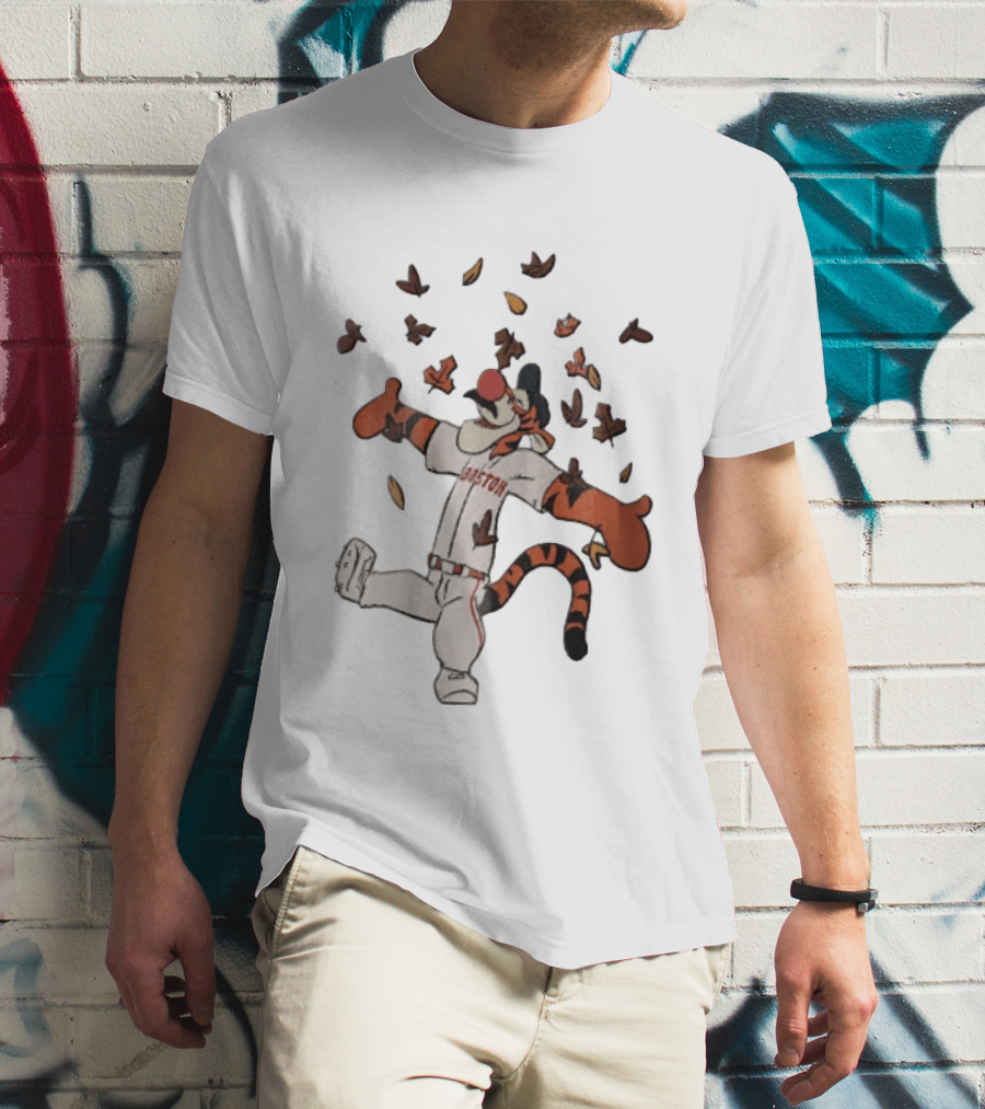 Tigger In Boston Baseball Uniform Enjoying Falling Leaves T-Shirt