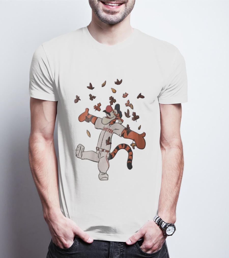 Tigger In Boston Baseball Uniform Enjoying Falling Leaves T-Shirt