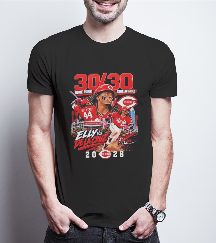 30 30 Home Runs Stolen Bases Elly De La Cruz Cincinnati Reds 44 Great American Ball Park 2026 T-Shirt